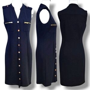 DKNY | SLEEVELESS GOLD EMBELLISHED FULL BUTTON DOWN SHEATH DRESS